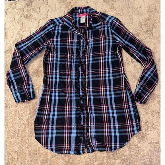 NWOT Betsey Johnson Intimates Ruffle Plaid Button-Down Flannel Sleep Shirt S - Picture 3 of 14